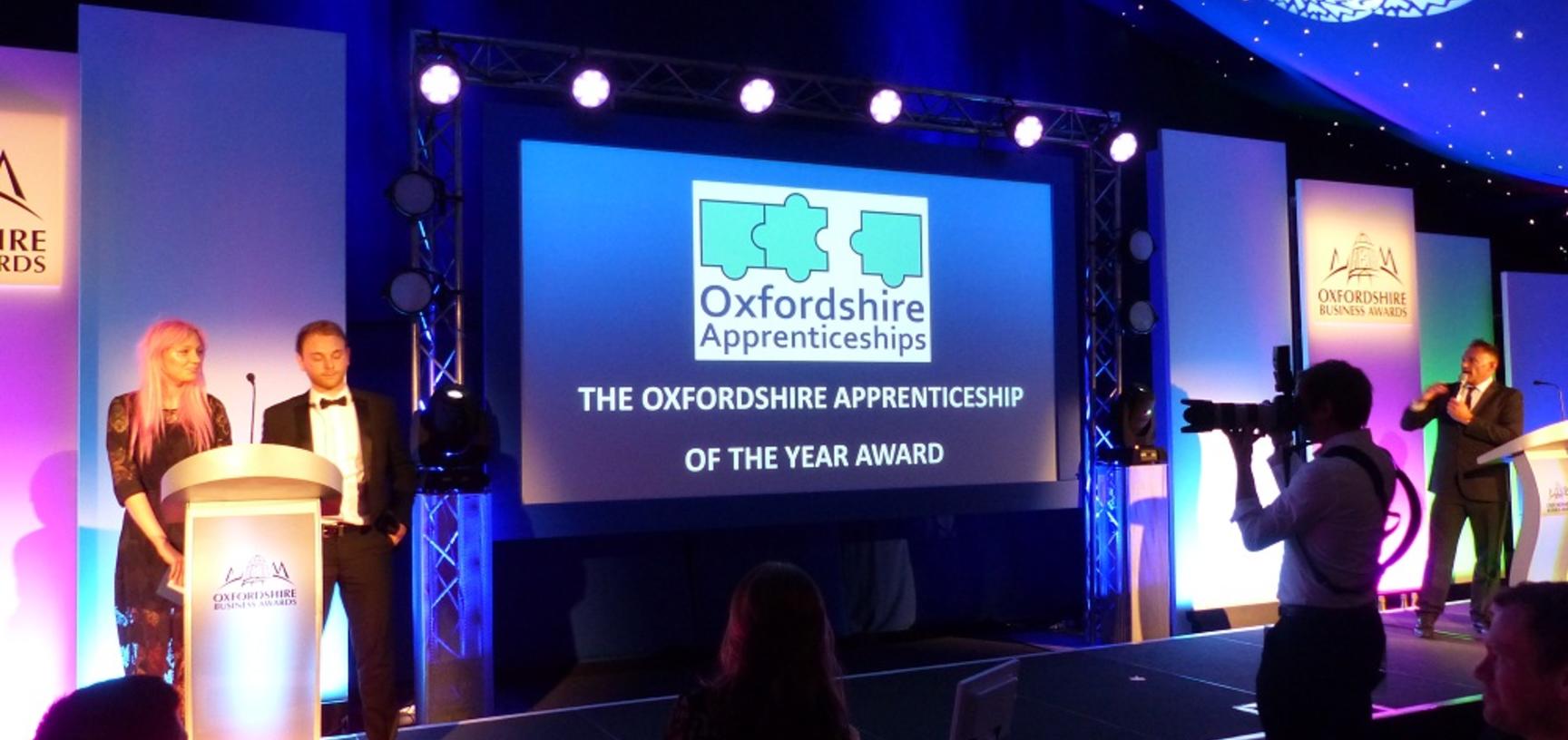 University of Oxford apprentice, Sophie, on stage at the Oxfordshire Apprenticeship Awards 2018